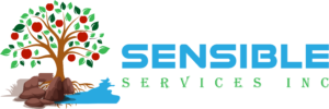 sensible services logo with tree and fruit, roots diping into water with blue and green text