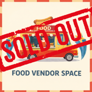 food vendor space text with picture of a food truck and a SOLD OUT stamp over top of it all