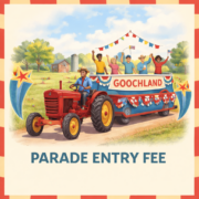 parade float with people on it being pulled by a tractor. the text goochland is on the float and the text under it says parade entry fee